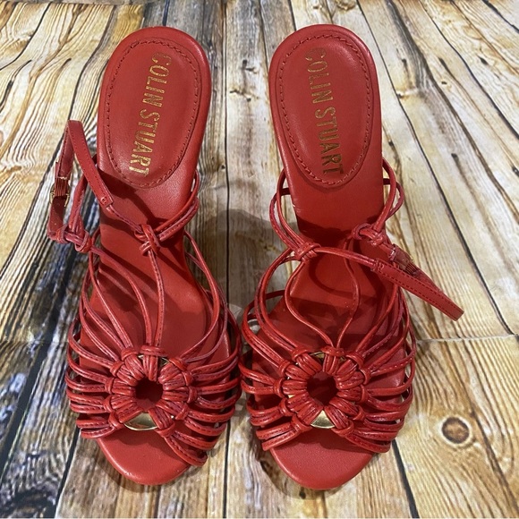 Colin Stuart Red Leather 5” Stiletto Peep Toe Heels Size 6 B - Picture 2 of 5